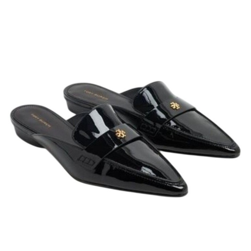 Tory Burch Black Patent Leather Pointed Backless Loafer Mules Flats 6M NWOB